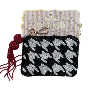 NWT Black and White Houndstooth Beaded Pouch with Red Tassel